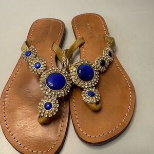 Tan Leather Sandals w/ Royal Blue and Silver Crystals - Size 6 | Chic & Elegant